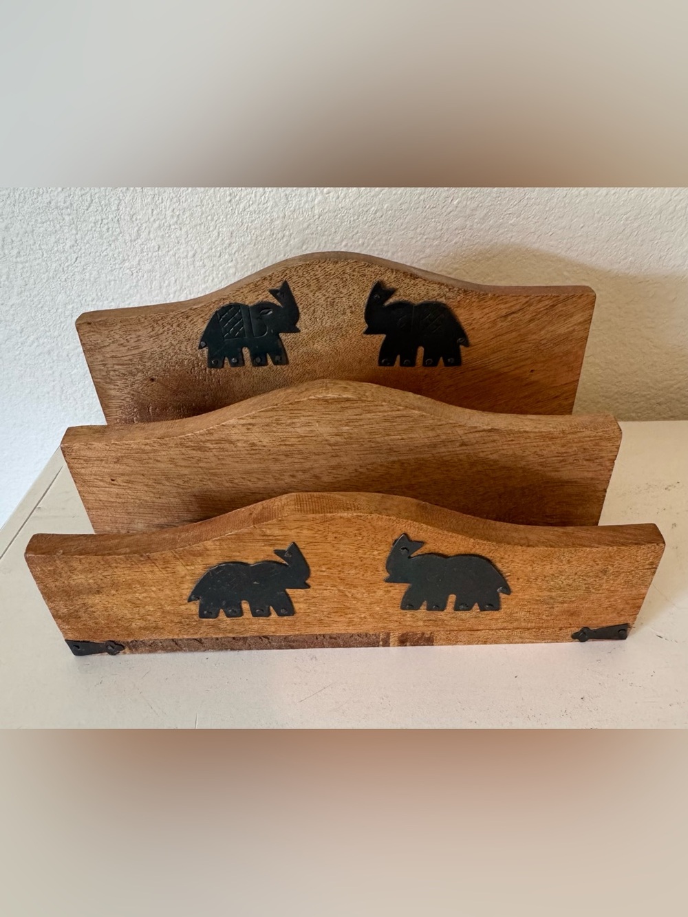 Vintage Handcrafted Wooden Mail Holder with Metal Elephant Detail